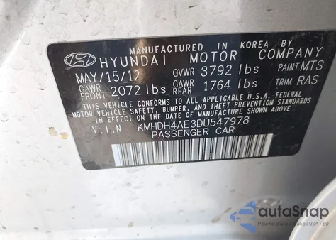 2013 Hyundai Elantra Limited from USA, damaged, VIN KMHDH4AE3DU547978